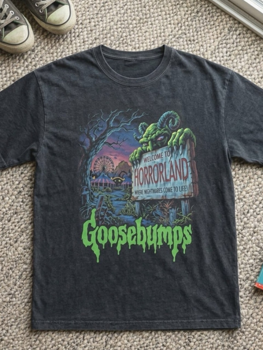 Comfort color Horrorland Wall Art Print shirt - Neon Green on Charcoal